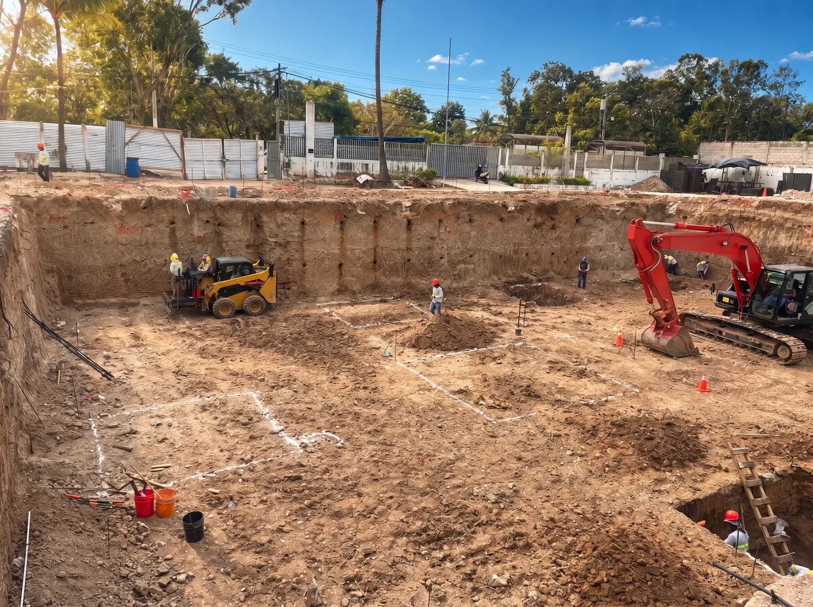 Excavación de un terreno con una excavadora y un minicargador trabajando