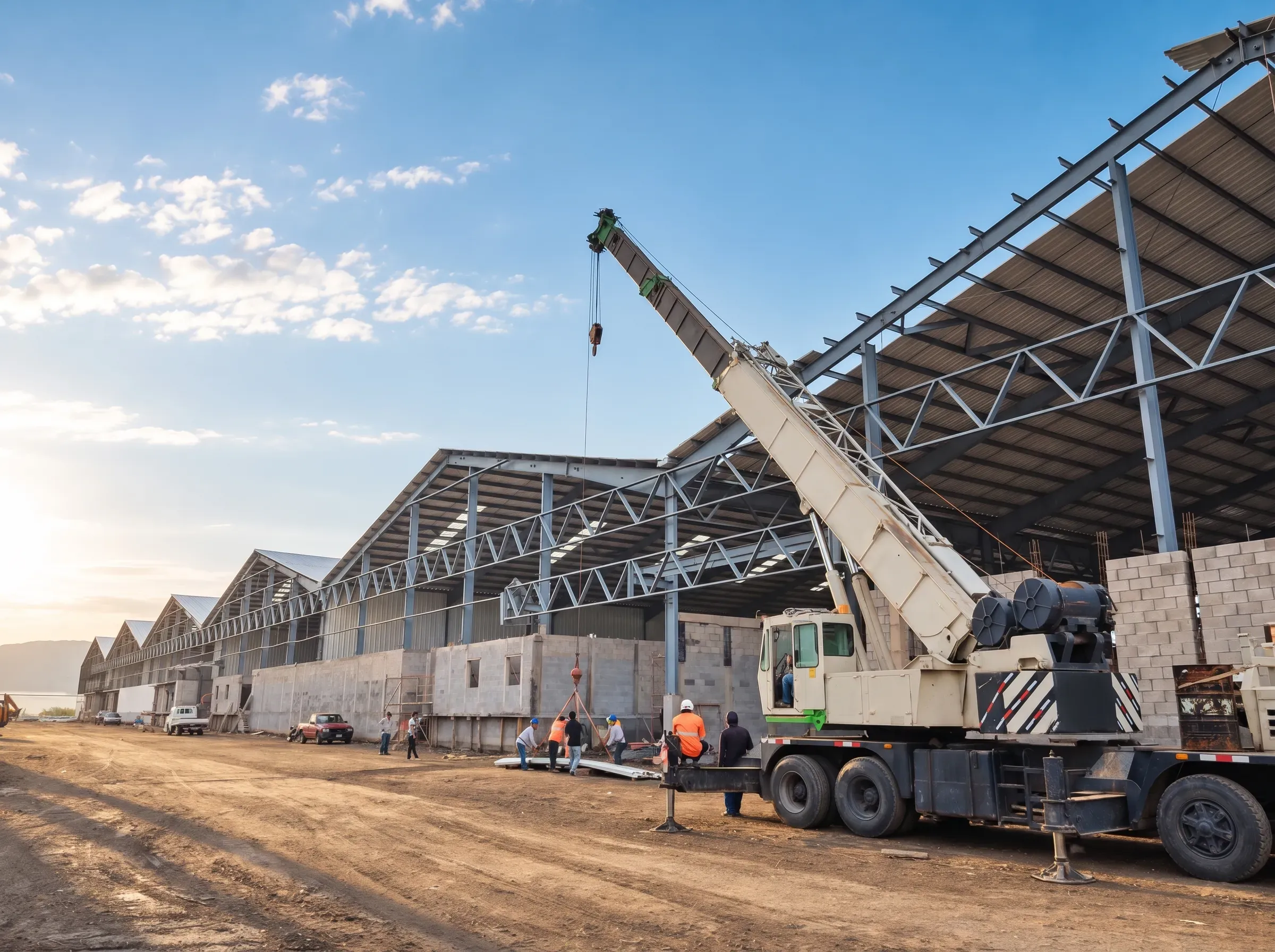 Nave industrial en construcción con estructura metálica y una grúa